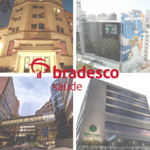 Imagem do logo da Bradesco Saúde operadora de planos de saúde e ao fundo fotos de 4 hospitais da rede credenciada, são eles: Israelita Albert Einstein, Nove de Julho, Samaritano e Santa Joana.