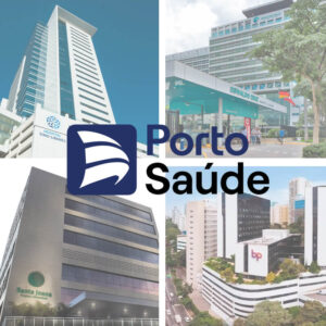 Imagem do logo da Porto Saúde operadora de planos de saúde e ao fundo fotos de 4 hospitais da rede credenciada, são eles: Sírio Libanes, Beneficência Portuguesa, Santa Joana e Oswaldo Cruz.